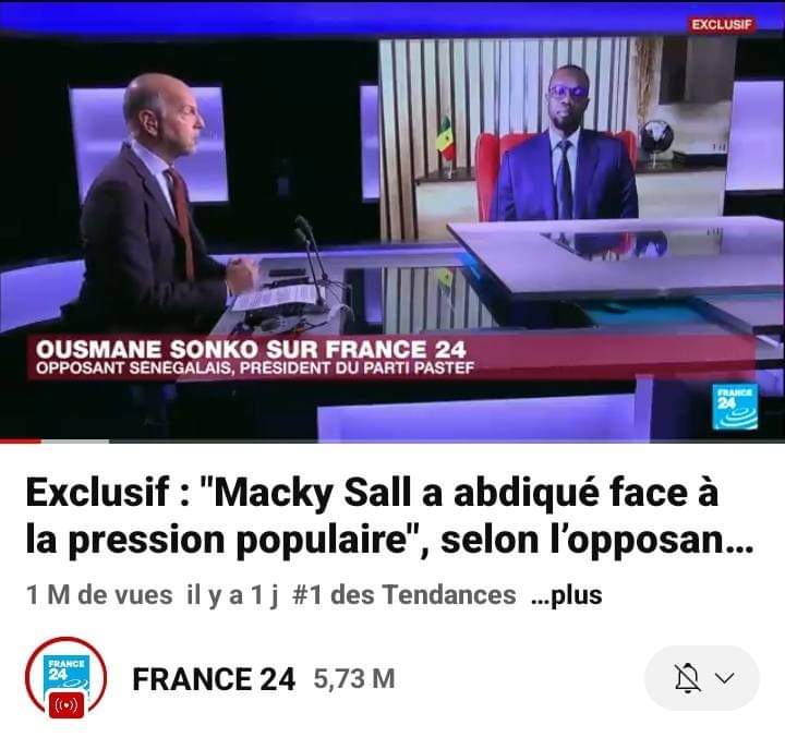 Image de Célébrités. L'interview d'Ousmane Sonko sur la chaîne française France24 continue de susciter des réactions. Avec plus d'un million de vues en moins de 24 heures, la vidéo de l'opposant sénégalais, où il évoque notamment son ouverture au dialogue avec Macky et sa participation catégorique à l'élection présidentielle de 2024, se positionne en tête des tendances sur YouTube. Cette popularité reflète l'intérêt du public pour les déclarations de Sonko et soulève des questions sur l'impact de ses positions sur le paysage politique sénégalais. Et vous, quelle est votre opinion à son propos ?